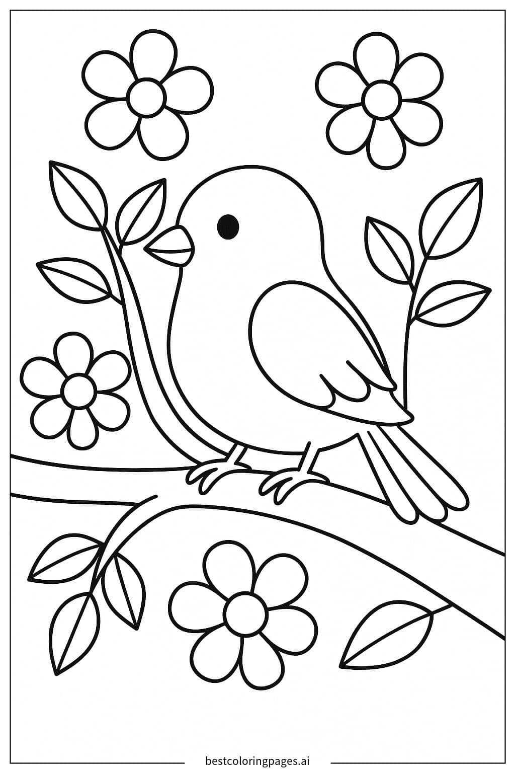 Ein Vogel auf einem Ast im Frühling Ausmalbilder