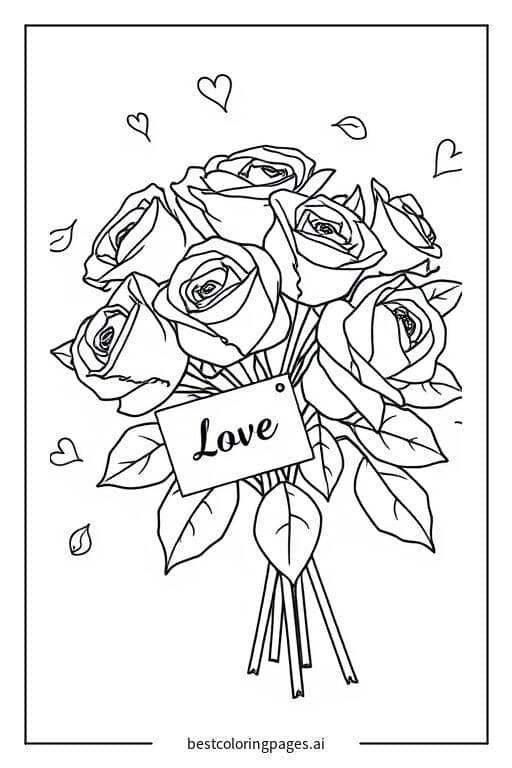 Desenhos de Um ramo de rosas com um bilhete de amor para Colorir