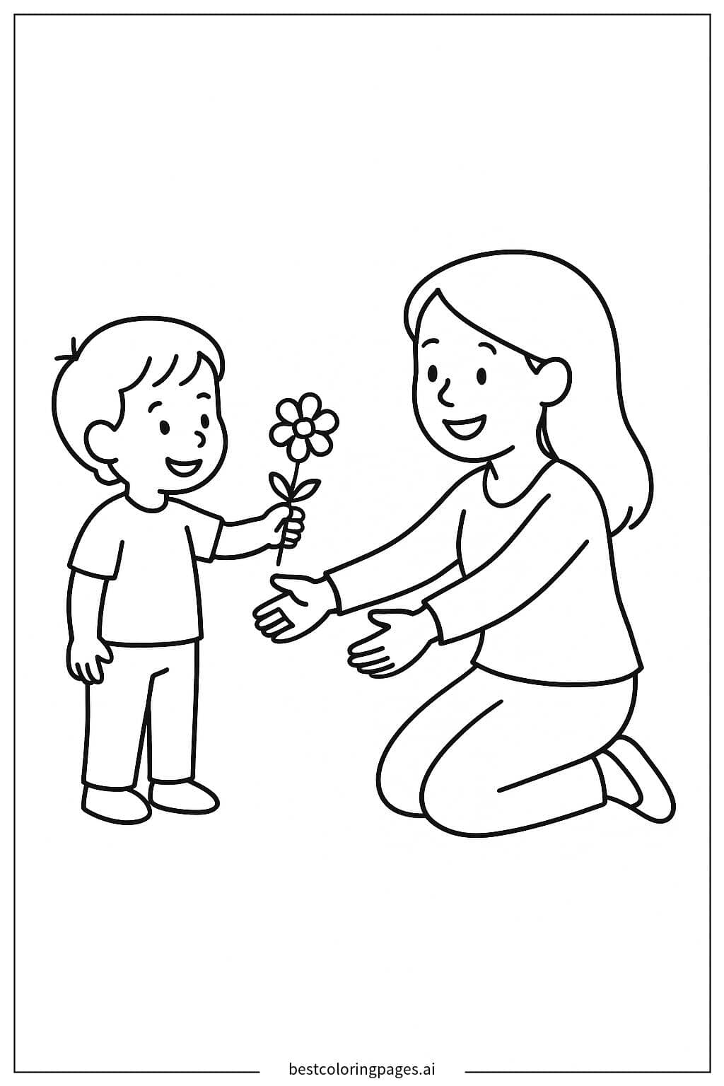 A Sweet Gesture: Child Giving a Flower to Mom Coloring Page
