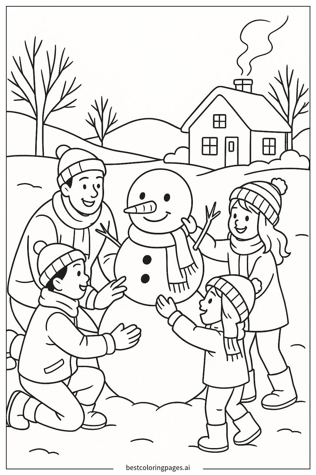A Family Building a Snowman Coloring Page