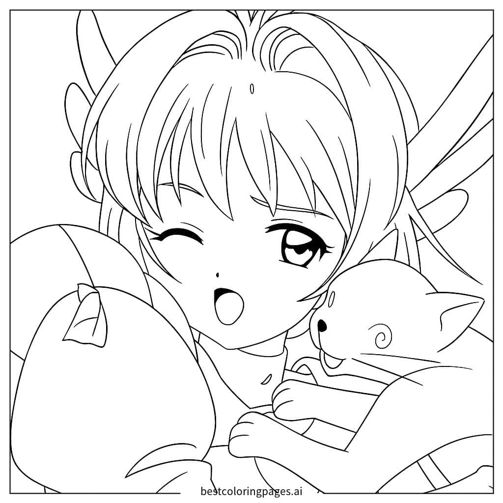 Gambar Mewarnai Seorang Gadis dengan Kucing - Cardcaptor Sakura