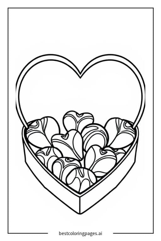 Desenhos de Caixa em forma de coração com chocolates para Colorir