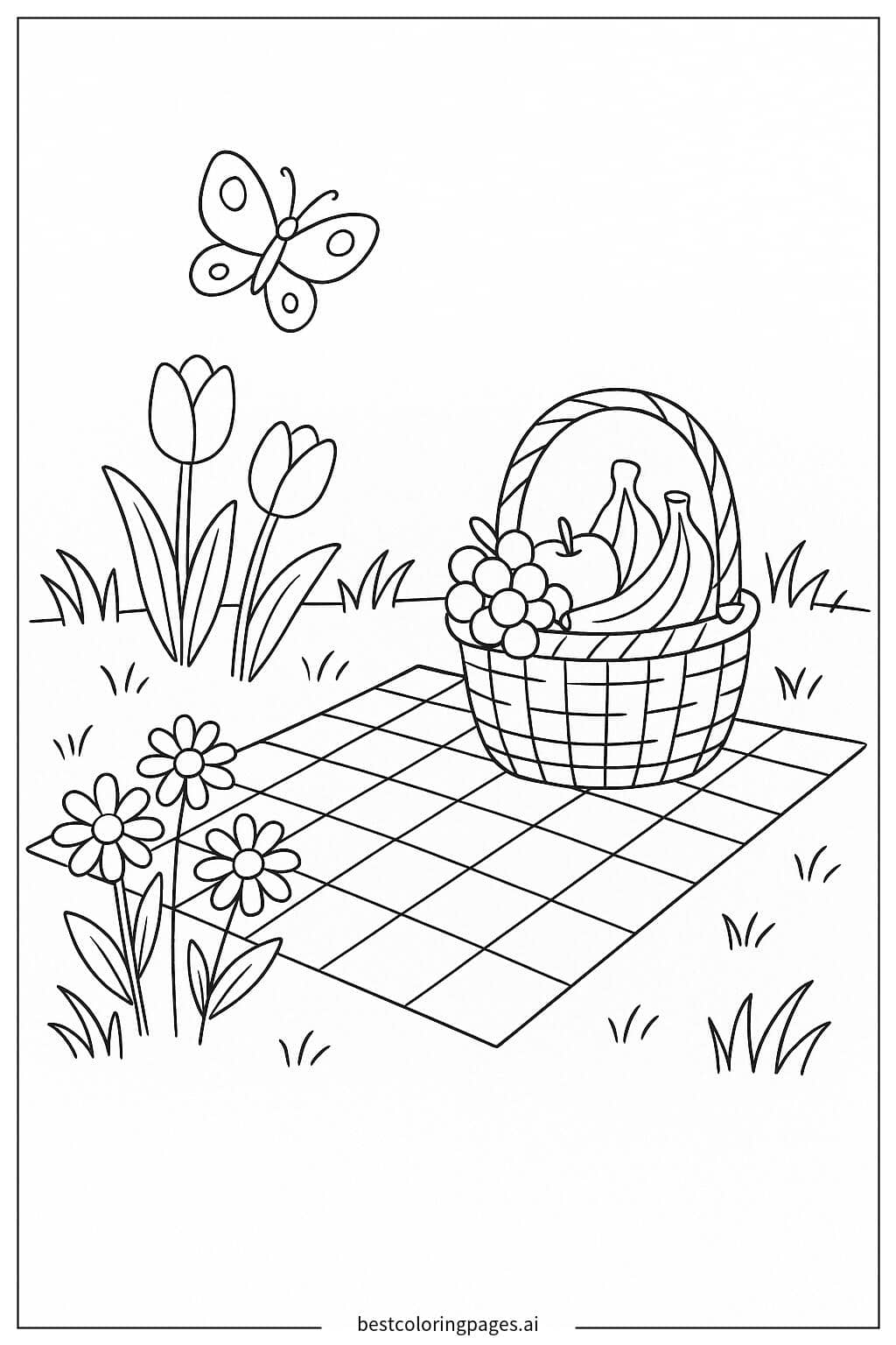 A Spring Picnic with Fruits and Flowers Coloring Page