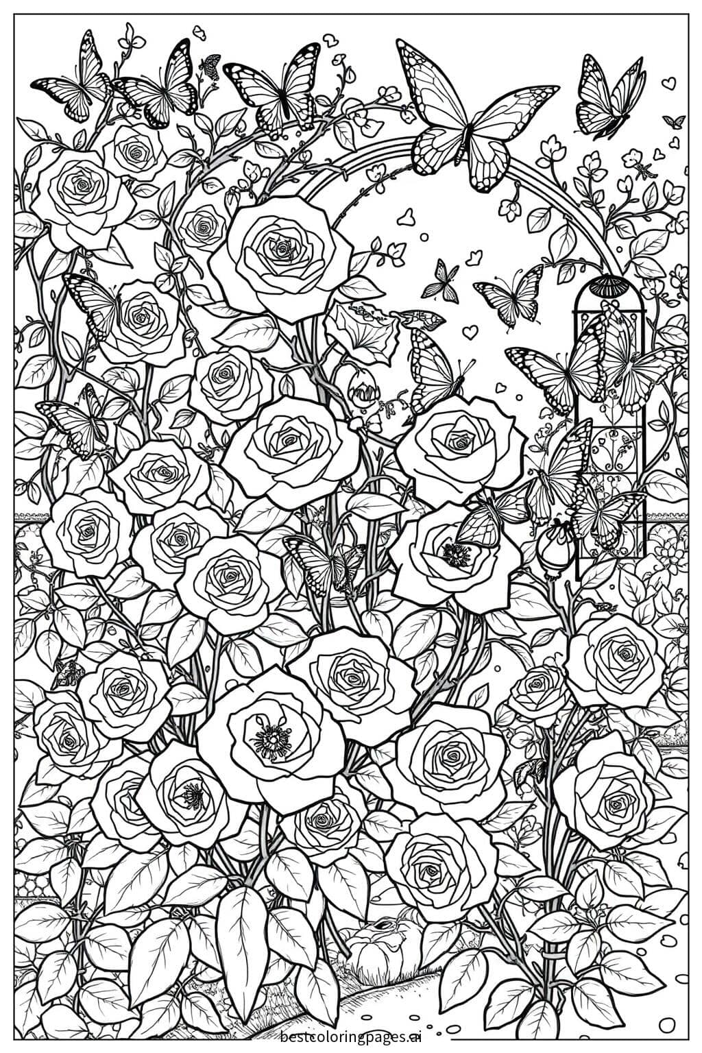 A Beautiful Rose Garden with Butterflies Coloring Page