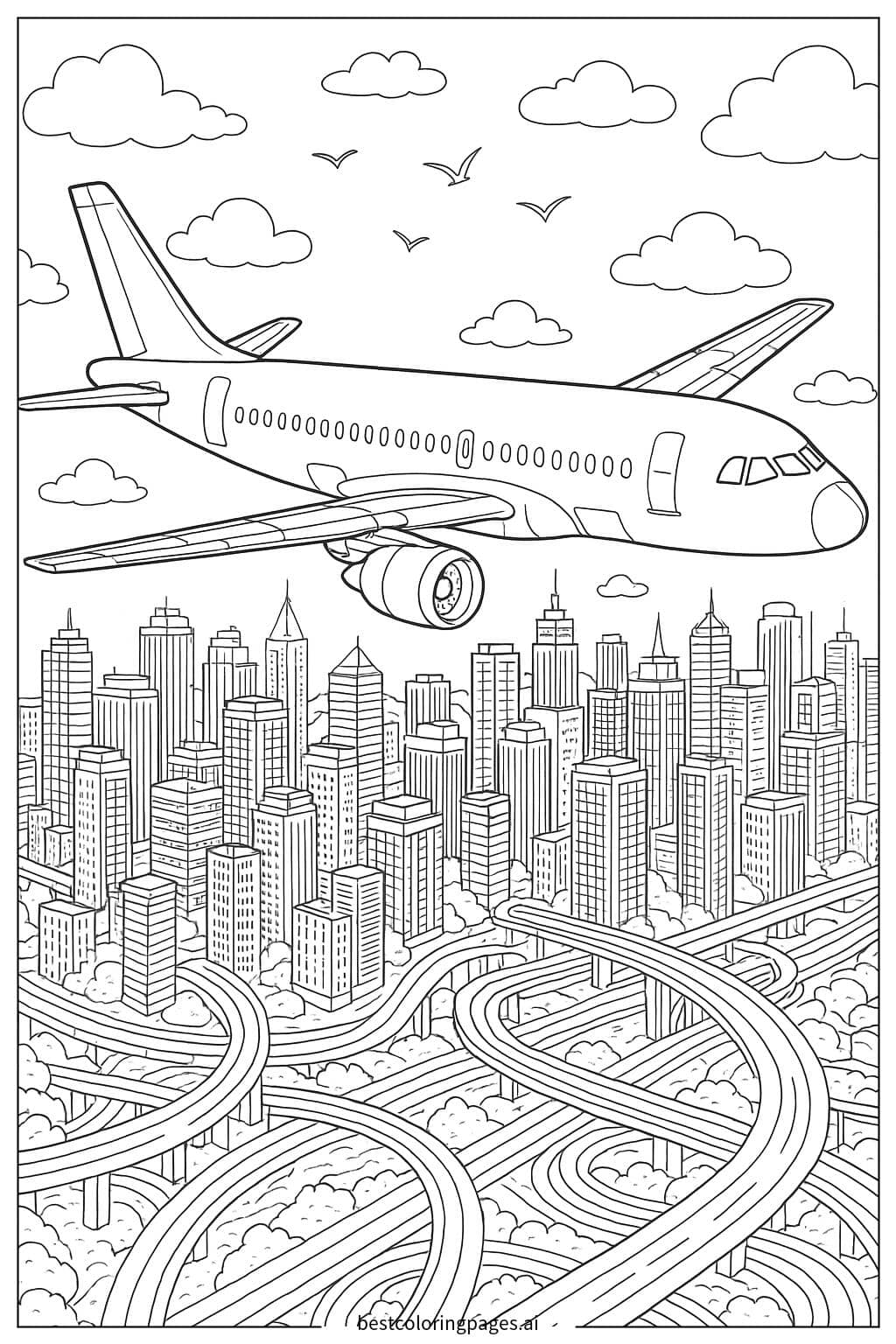 Desenhos de Avião voando sobre uma paisagem urbana para Colorir