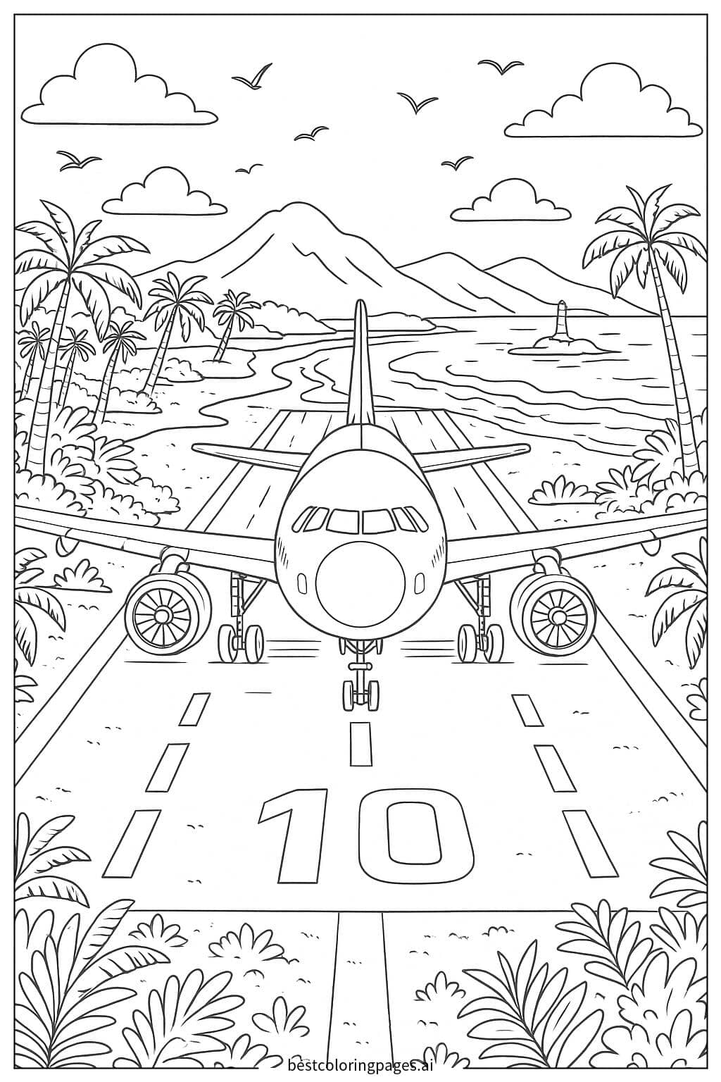 Desenhos de Avião aterrissando em uma ilha tropical para Colorir
