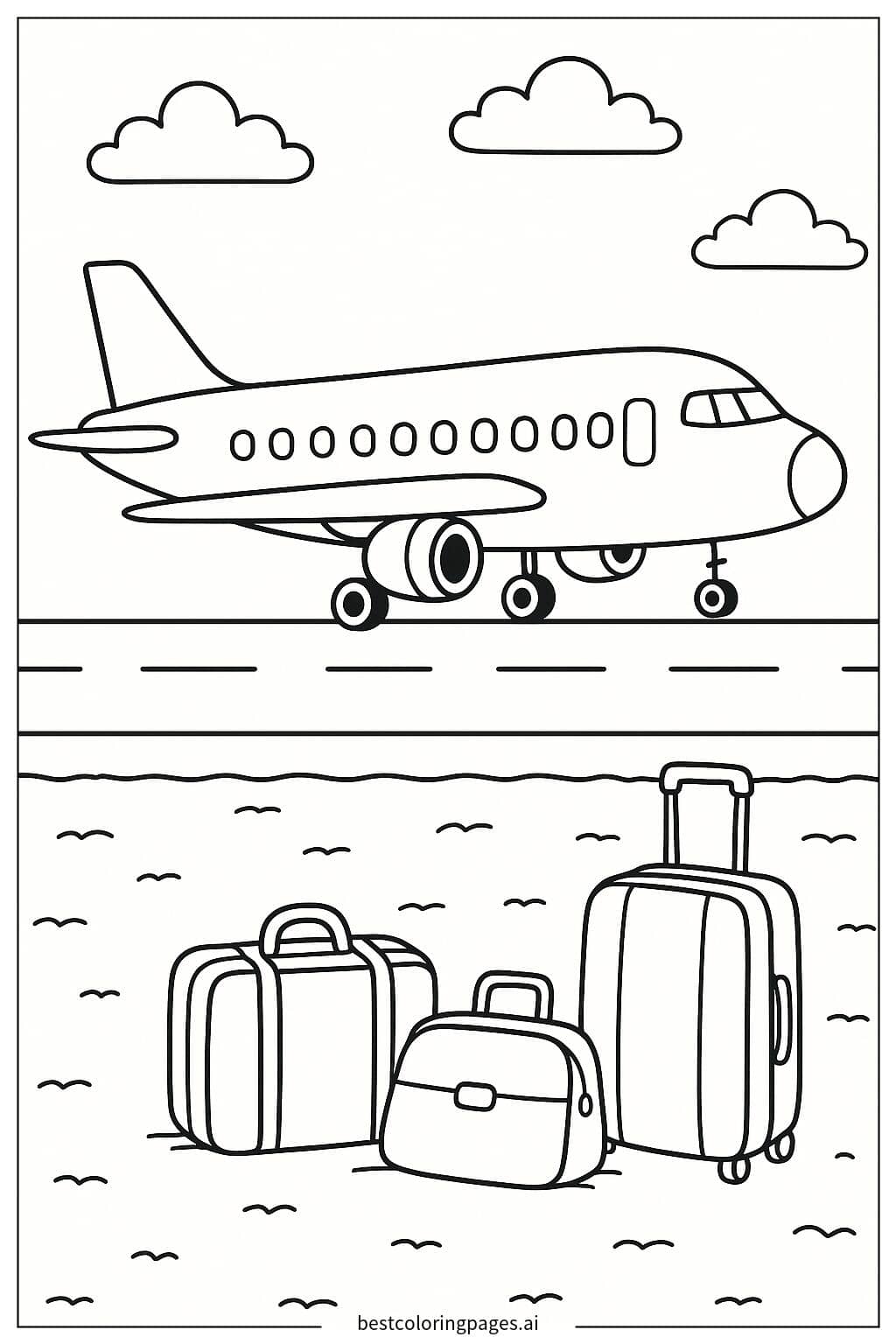 Desenhos de Avião Aterrissando com Bagagens para Colorir