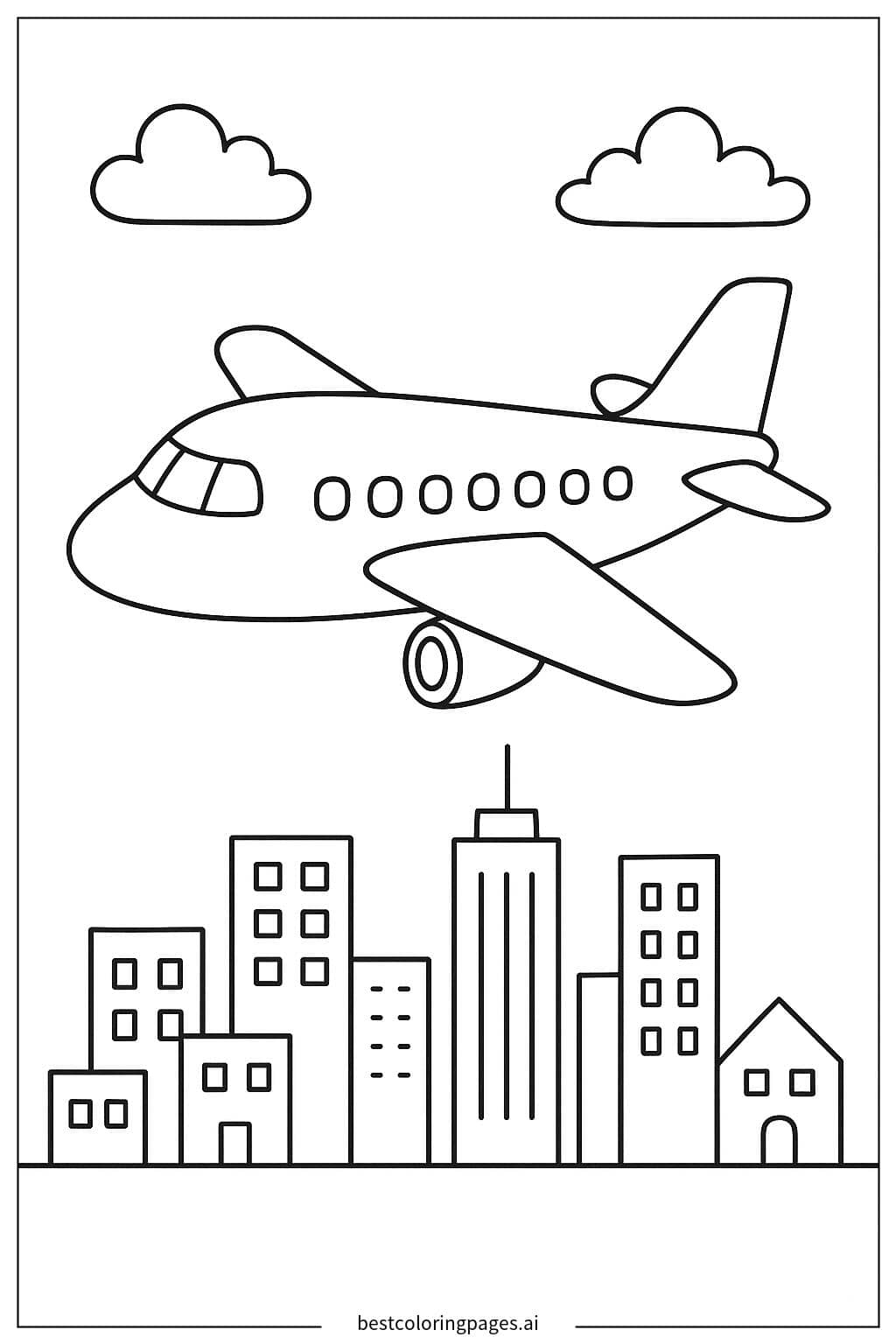 Desenhos de Avião Sobre o Horizonte da Cidade para Colorir
