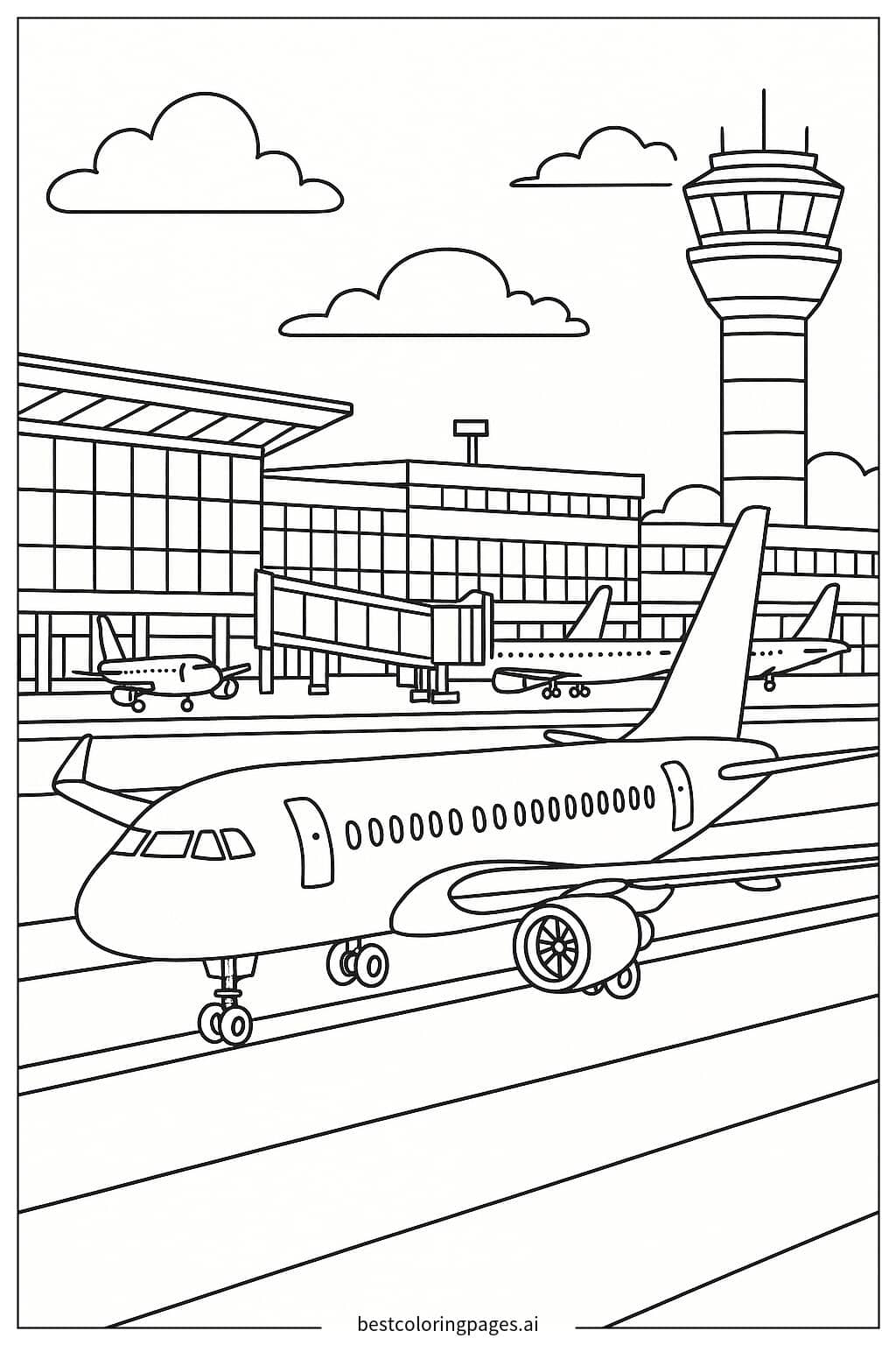 Desenhos de Avião com Cena de Aeroporto Movimentada para Colorir