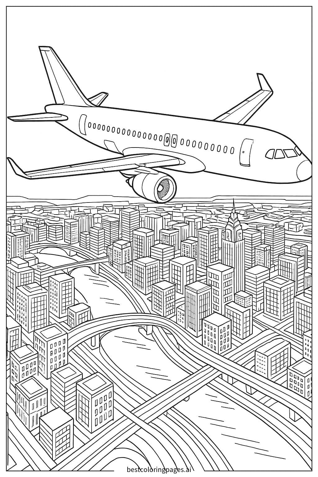 Desenhos de Avião com Cidade Abaixo para Colorir
