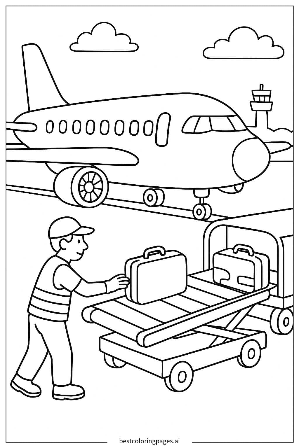 Desenhos de Avião com bagagem sendo carregada para Colorir