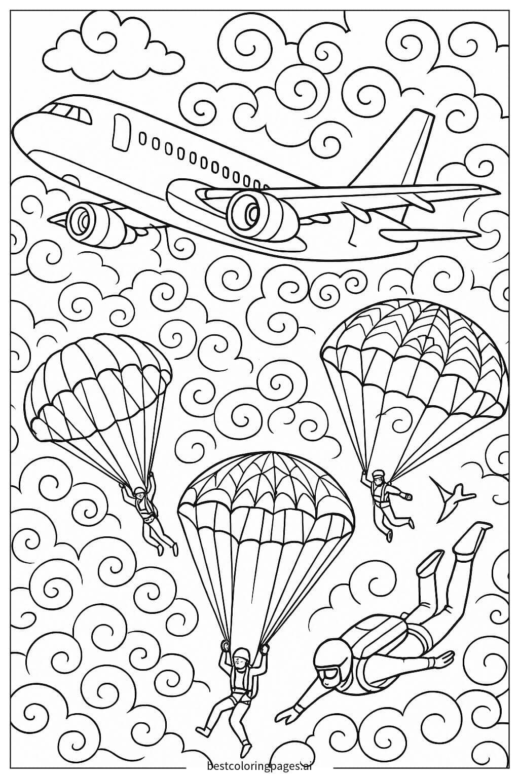 Desenhos de Avião com Paraquedistas para Colorir