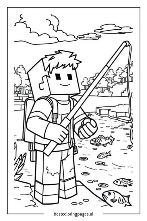 Coloriage Alex pêche près d'une rivière