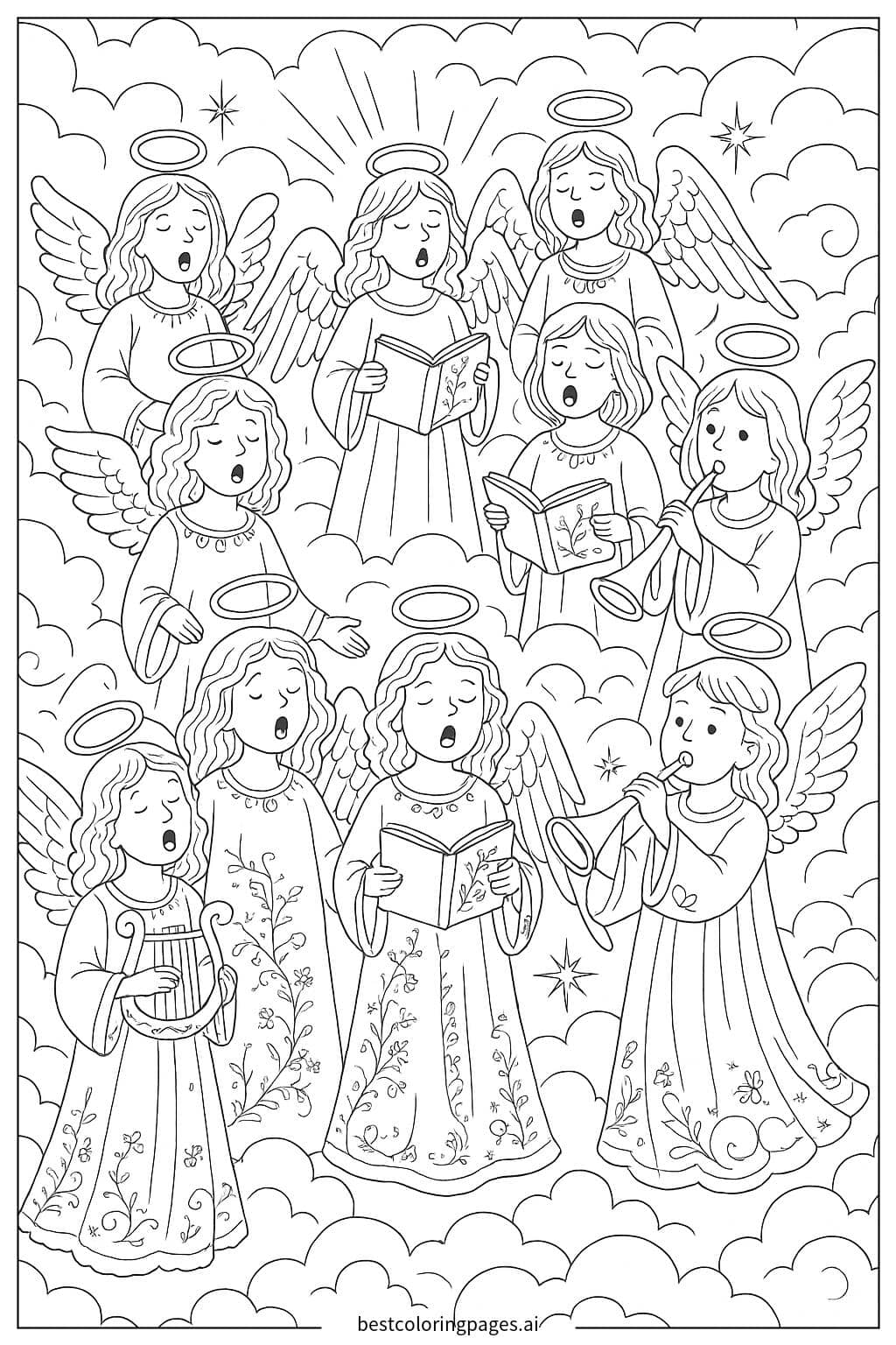 Desenhos de Coro de Anjos nas Nuvens para Colorir