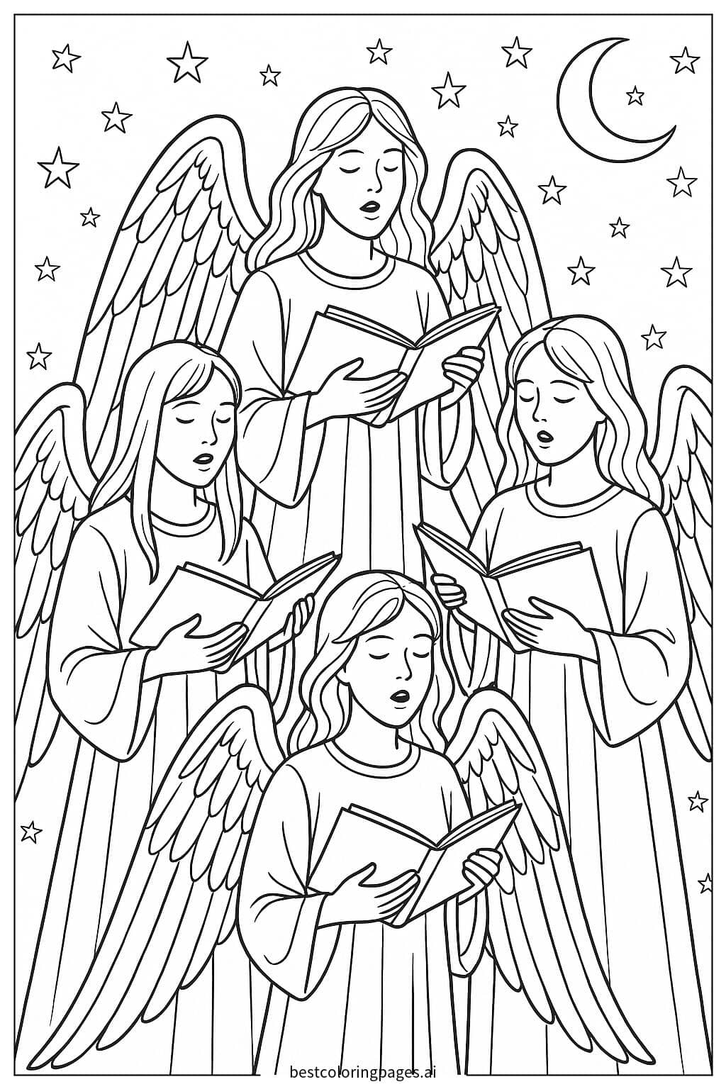 Desenhos de Coral de anjos cantando sob um céu noturno para Colorir