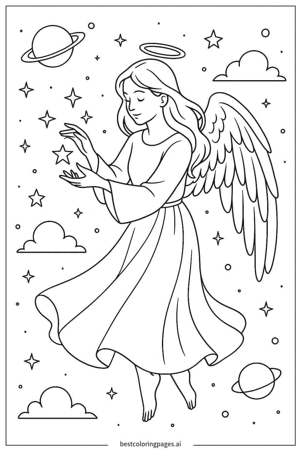 Desenhos de Anjo Criando Estrelas em uma Cena Cósmica para Colorir