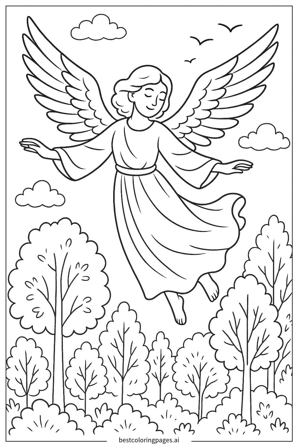 Desenhos de Anjo Sobrevoando Floresta para Colorir