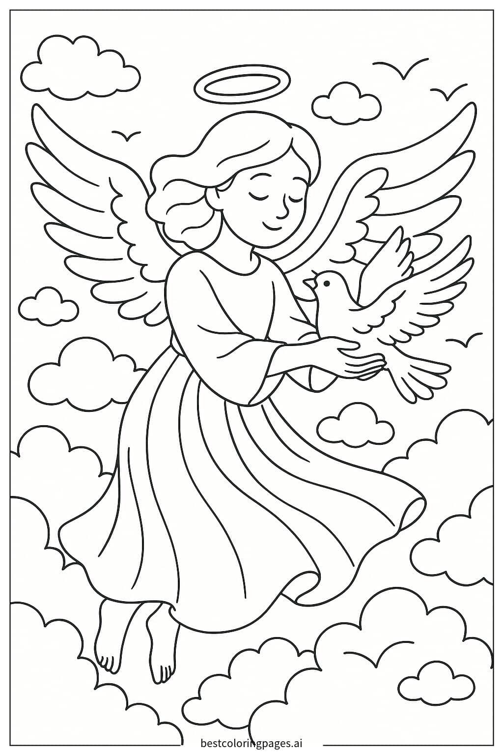 Desenhos de Anjo voando com uma pomba para Colorir