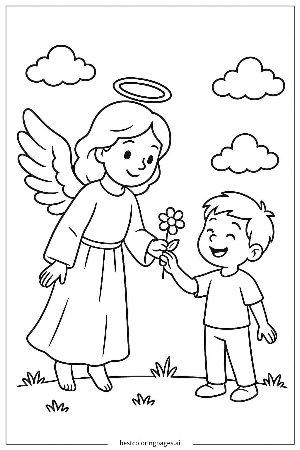Desenhos de Anjo entregando uma flor para uma criança para Colorir