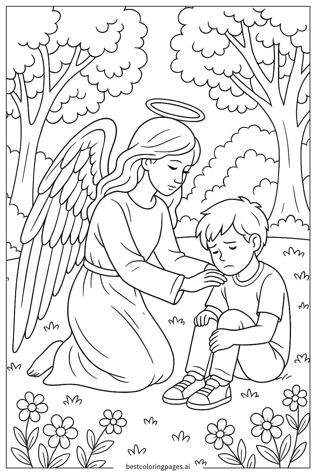 Desenhos de Anjo ajudando uma criança perdida na Terra para Colorir