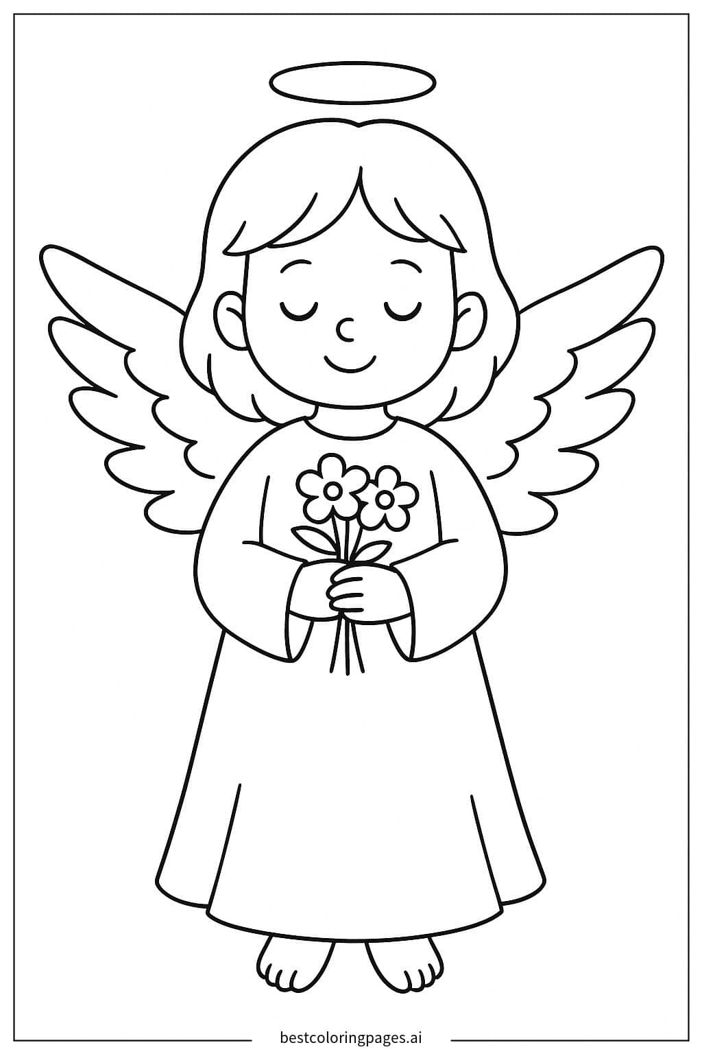 Desenhos de Anjo segurando um buquê de flores para Colorir