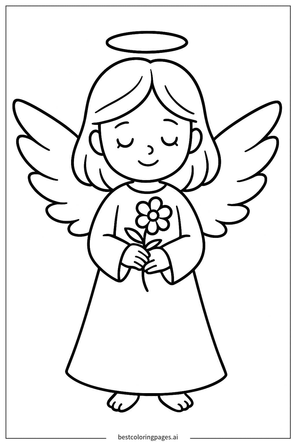 Desenhos de Anjo segurando uma única flor para Colorir
