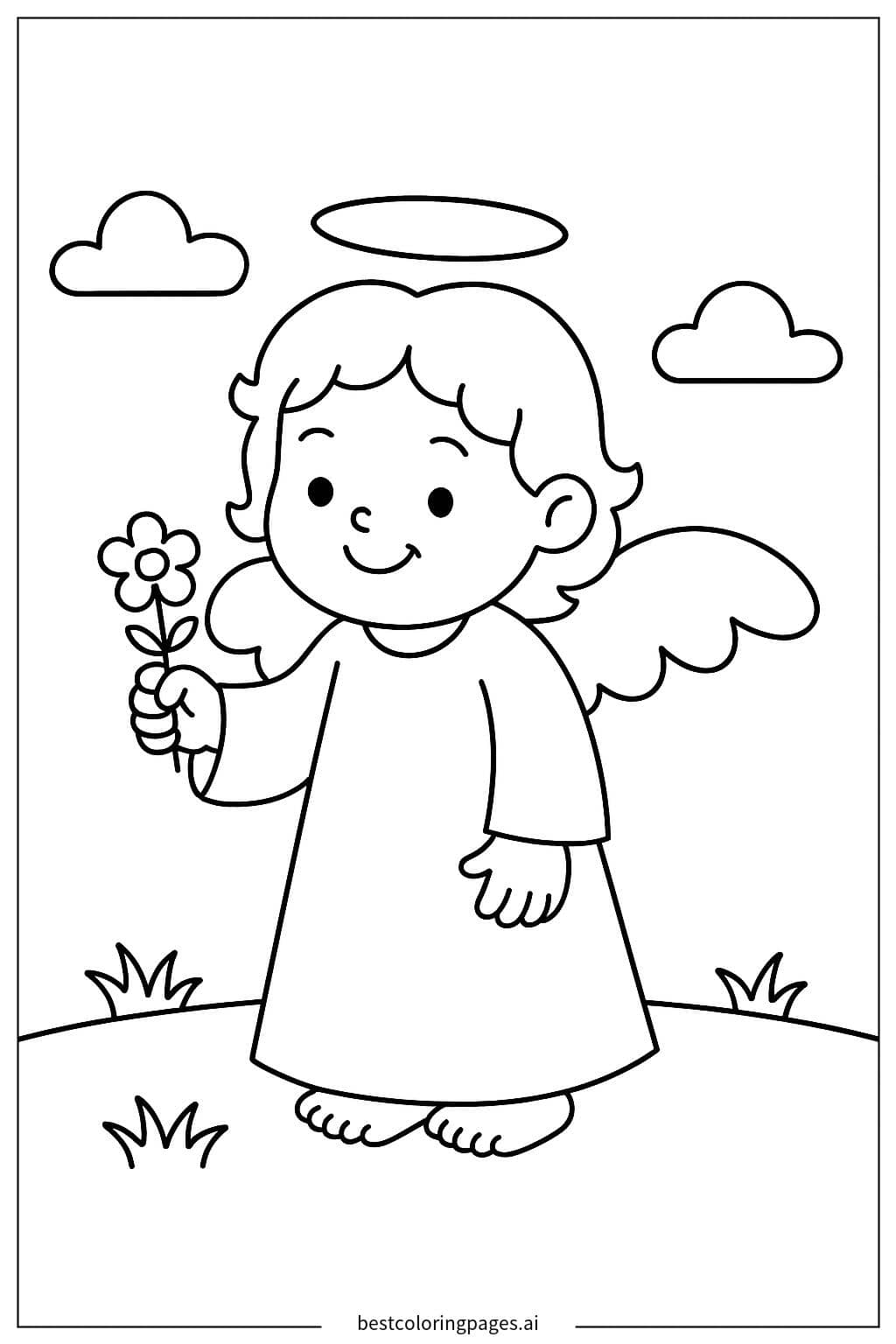 Desenhos de Anjo segurando uma pequena flor para Colorir