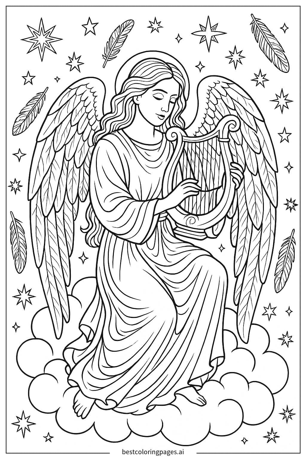 Desenhos de Anjo tocando harpa nas nuvens para Colorir