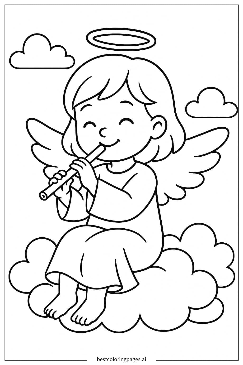 Desenhos de Anjo tocando uma pequena flauta para Colorir
