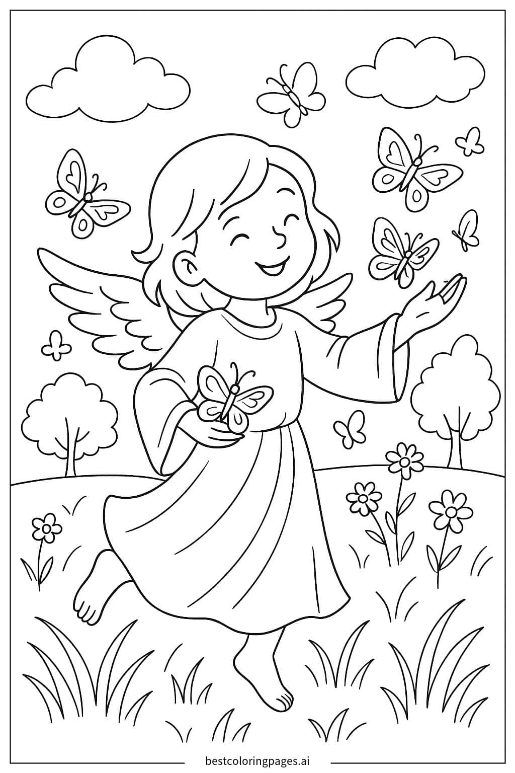 Desenhos de Anjo Brincando com Borboletas para Colorir