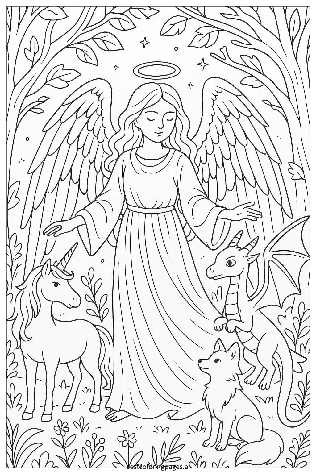 Desenhos de Anjo brincando com criaturas míticas para Colorir
