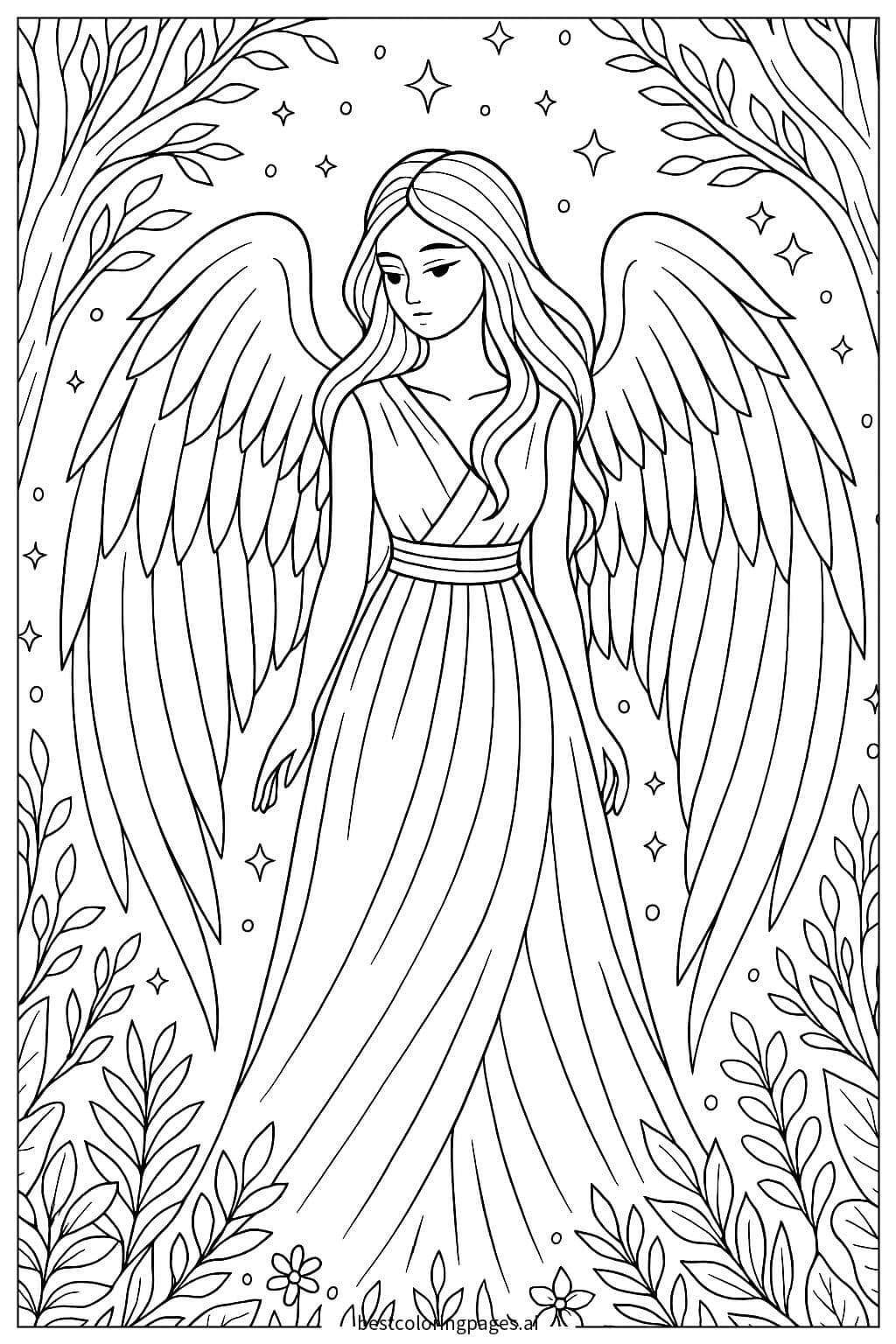 Desenhos de Anjo protegendo uma floresta mágica para Colorir