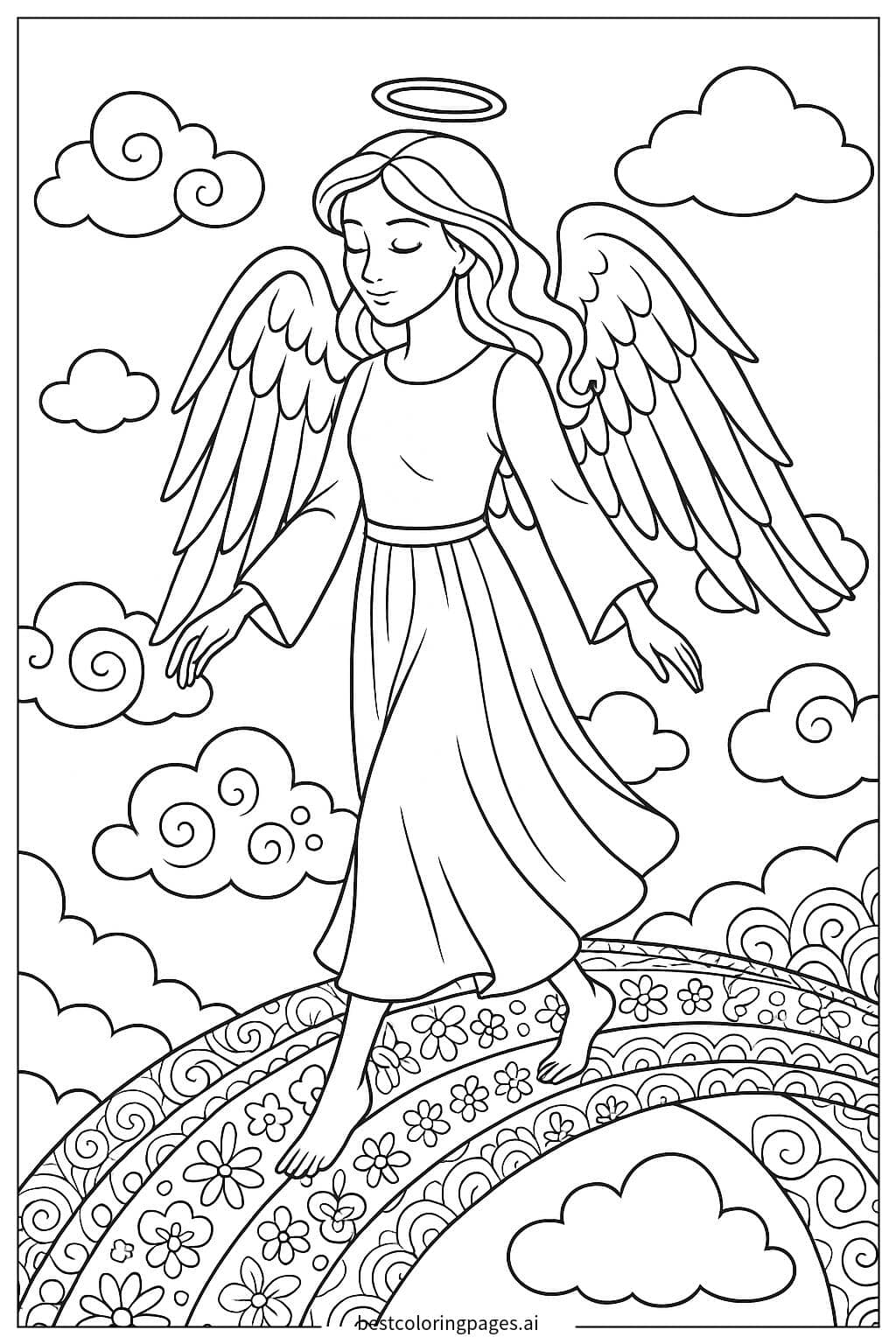 Desenhos de Anjo caminhando sobre uma ponte arco-íris para Colorir
