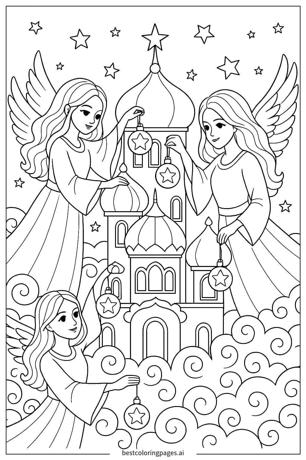 Desenhos de Anjos decorando um palácio celestial para Colorir