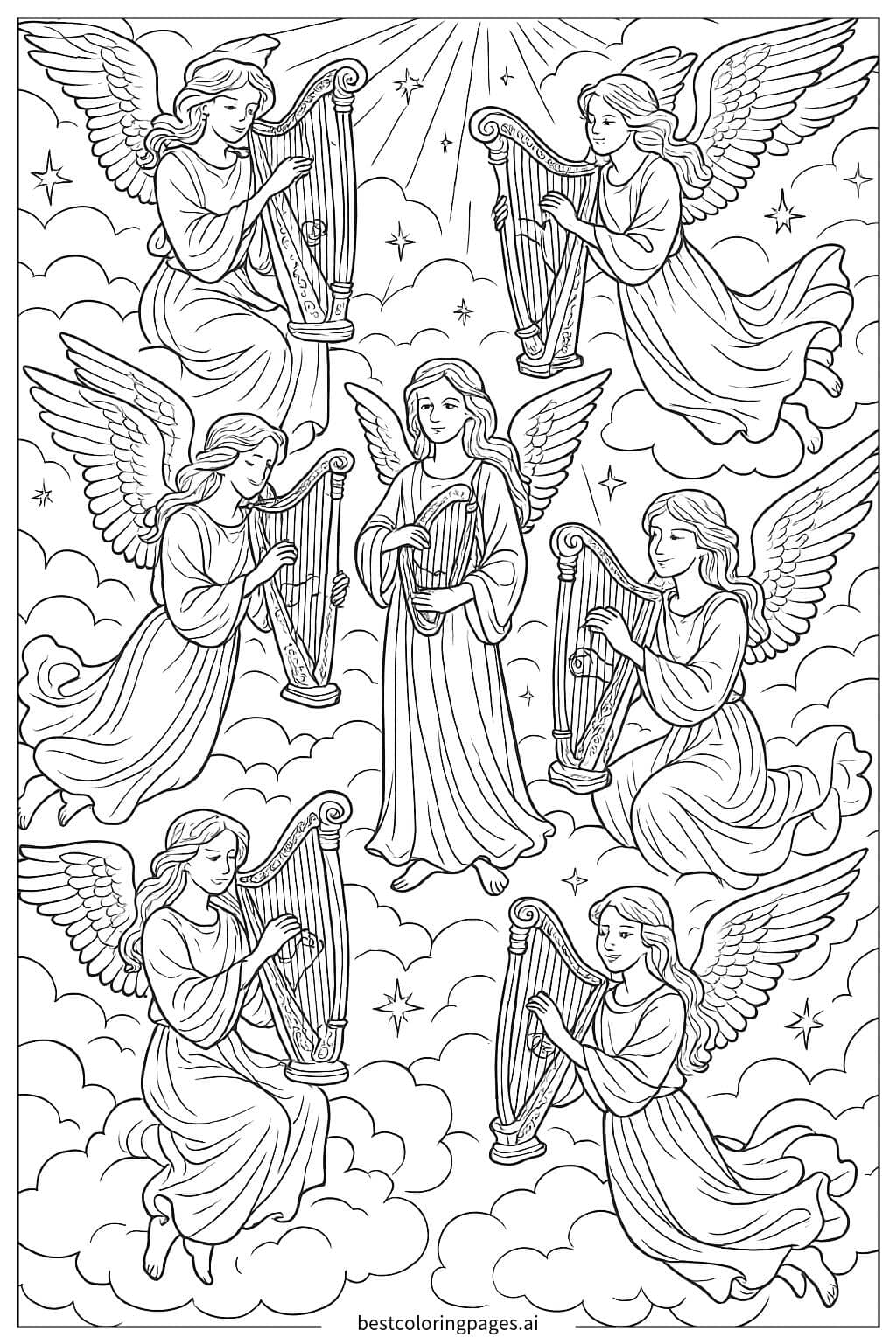 Desenhos de Anjos Tocando Harpas no Céu para Colorir