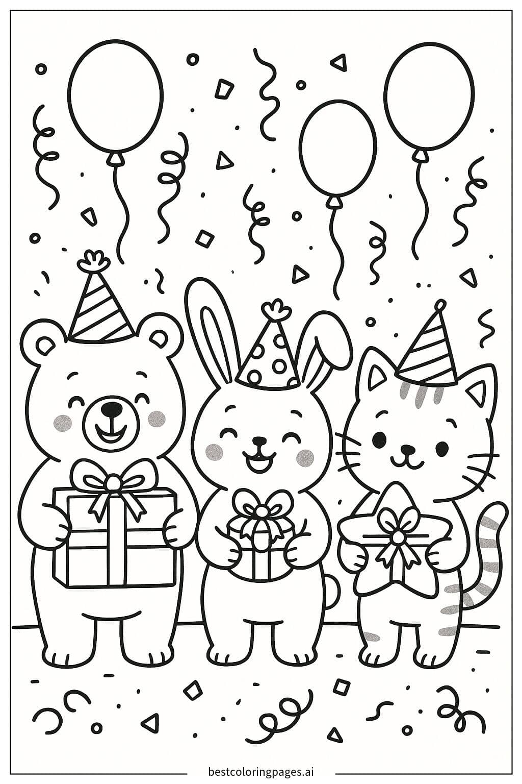 Cute Animal Friends with Birthday Presents Coloring Page