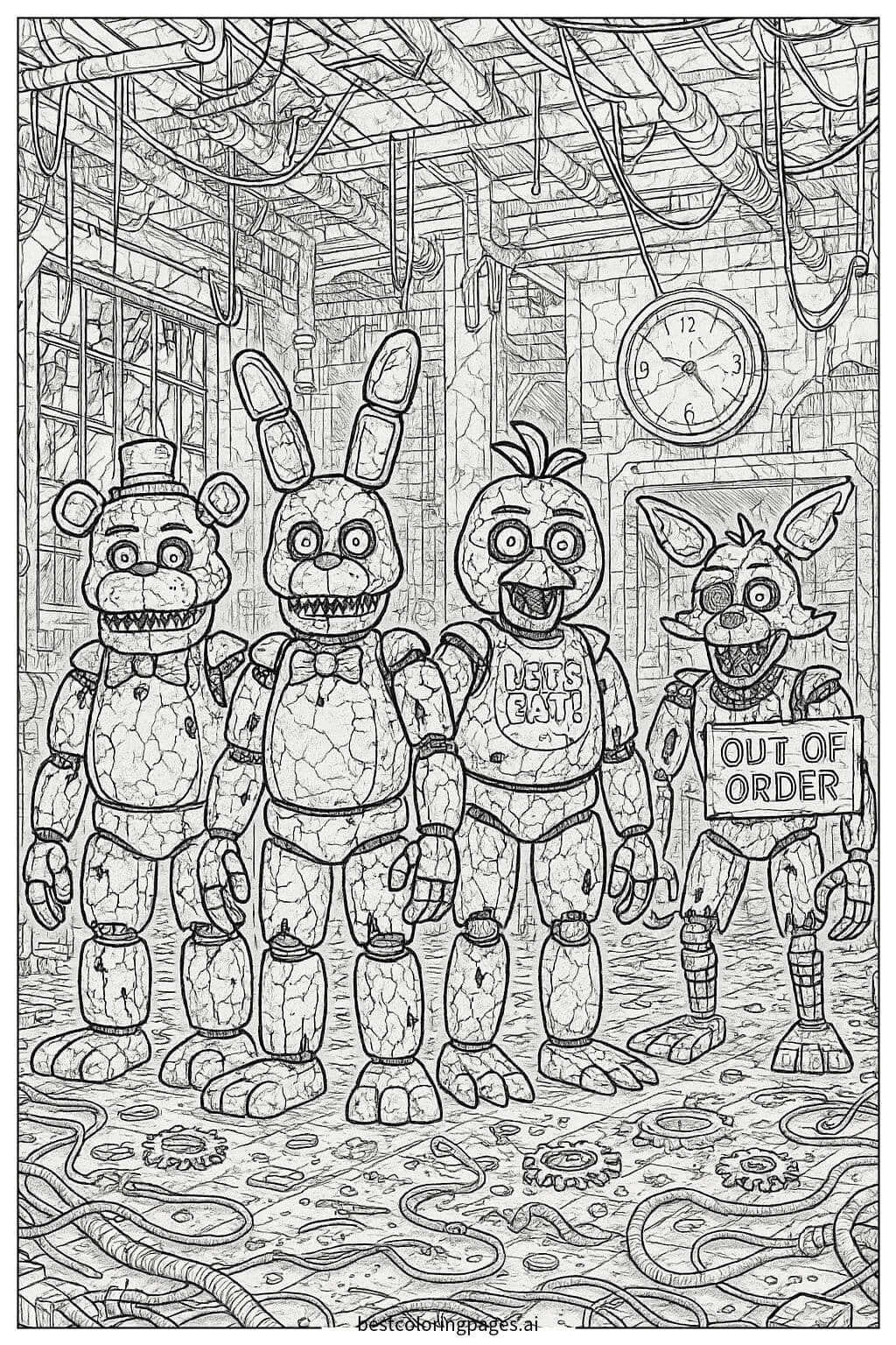Animatronics in an Abandoned Factory Coloring Page