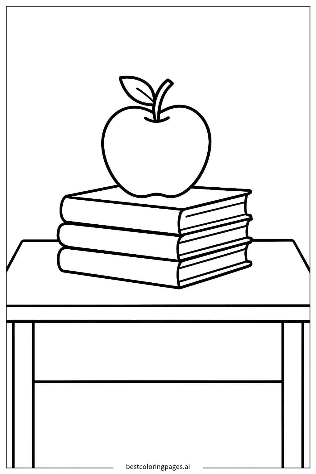 Apple and Books on a Teacher's Desk Coloring Page