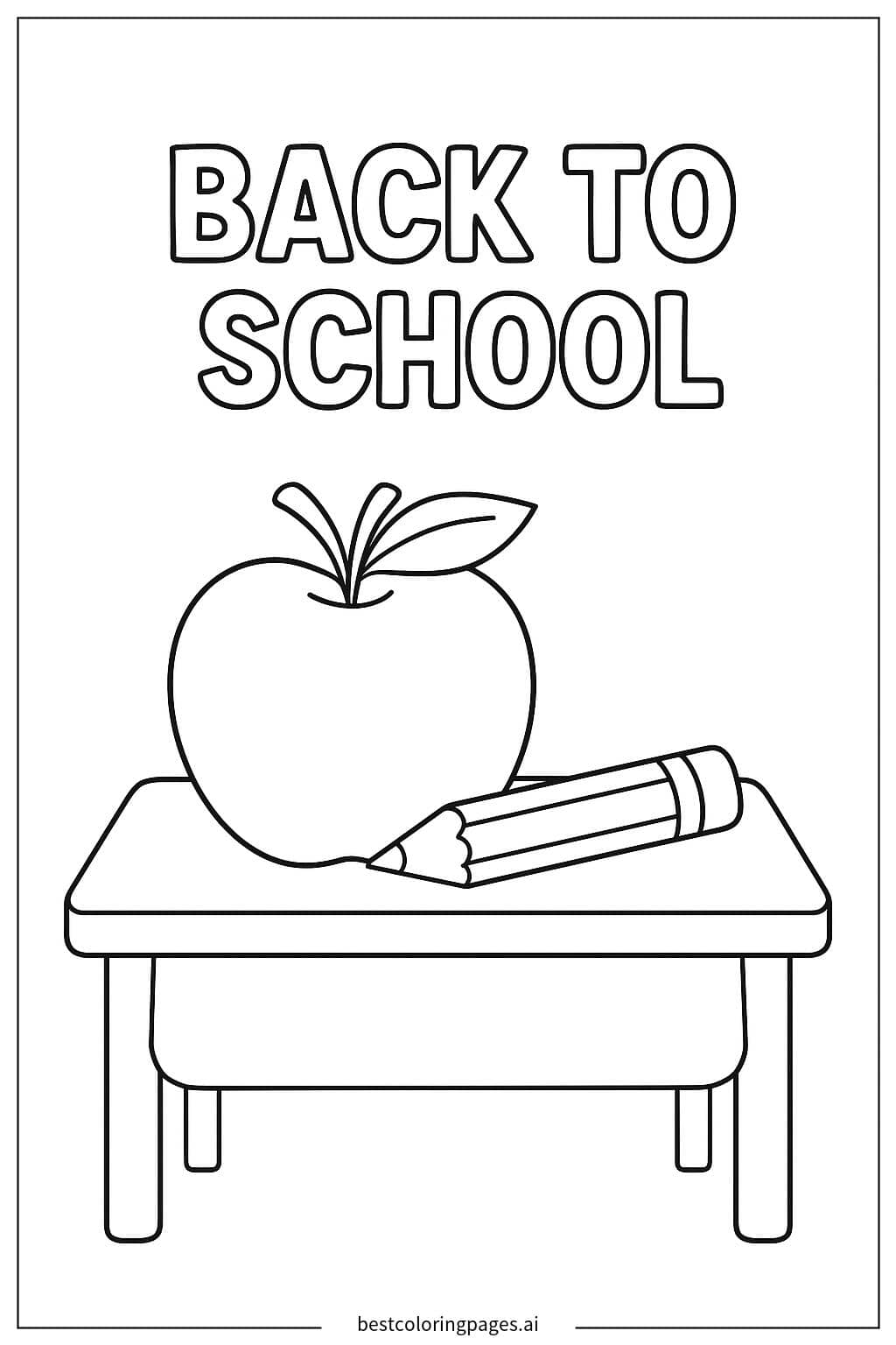Apple and Pencil on a School Desk Coloring Page