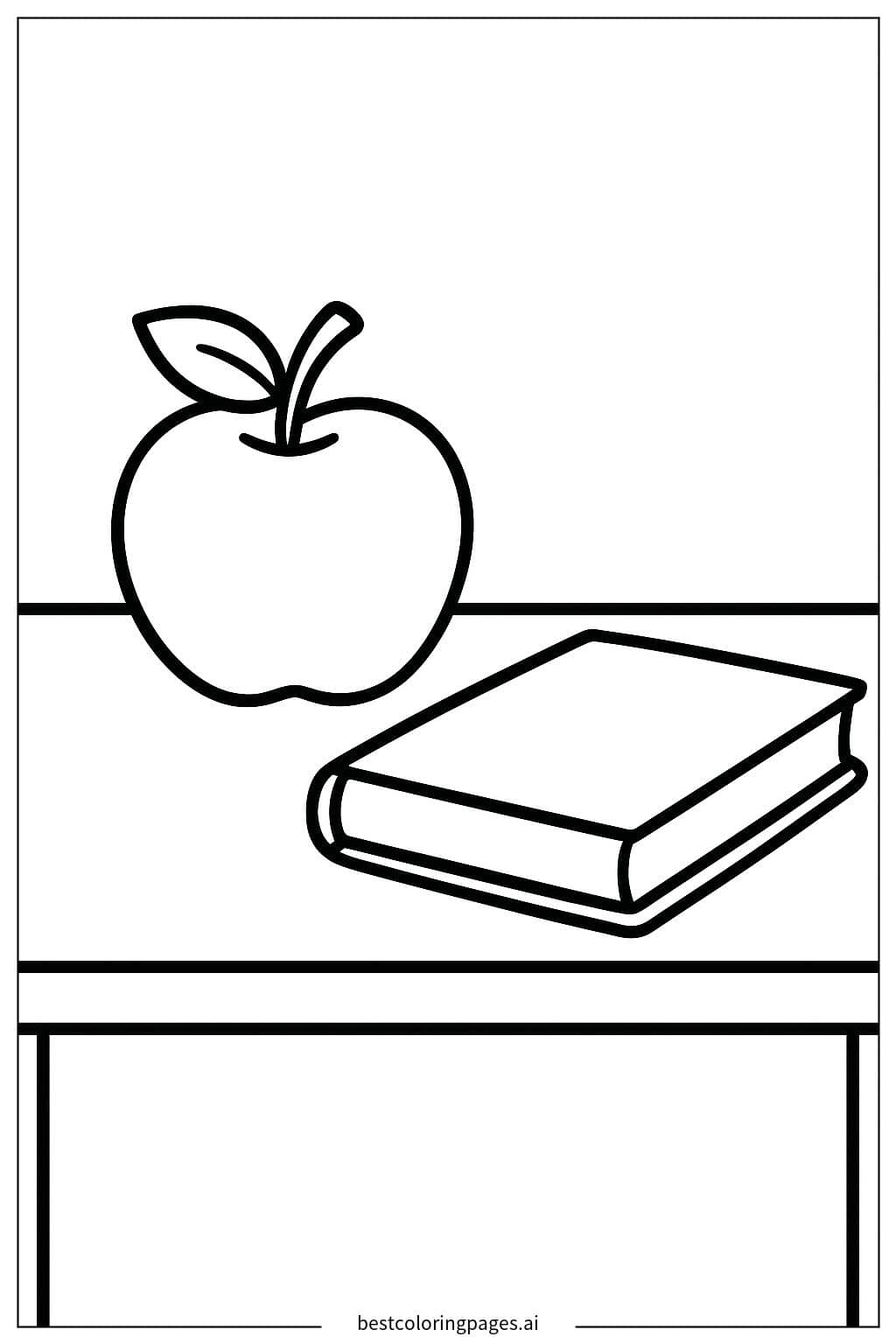 Apple and Book on a School Desk Coloring Page