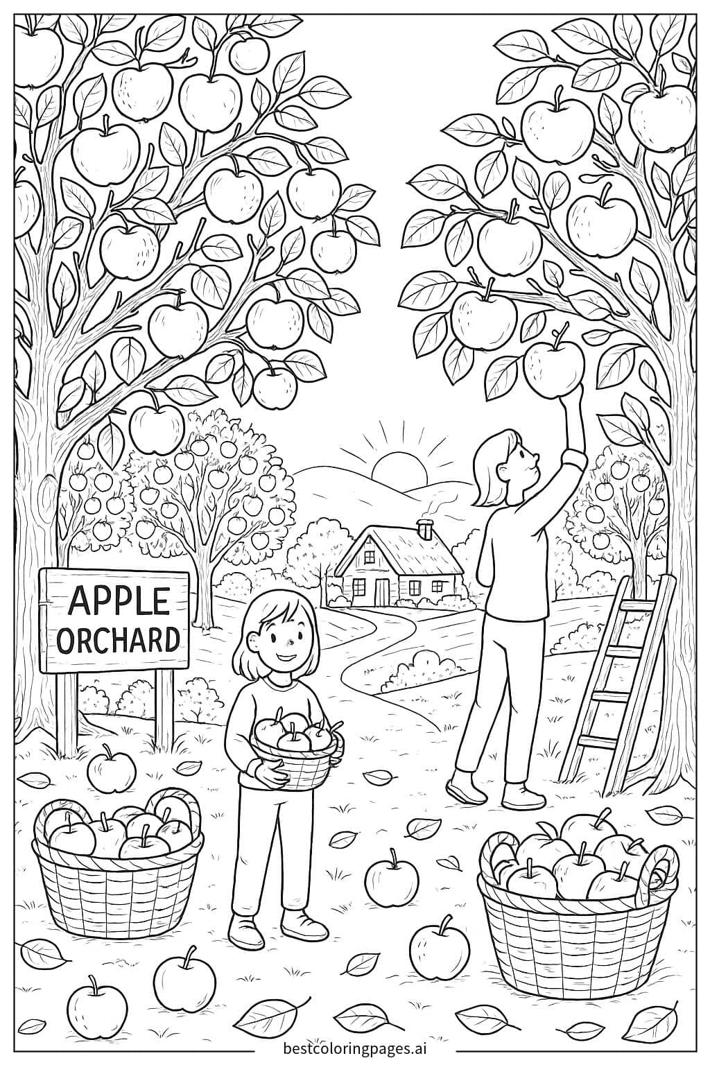 Apple Orchard in Harvest Season Coloring Page