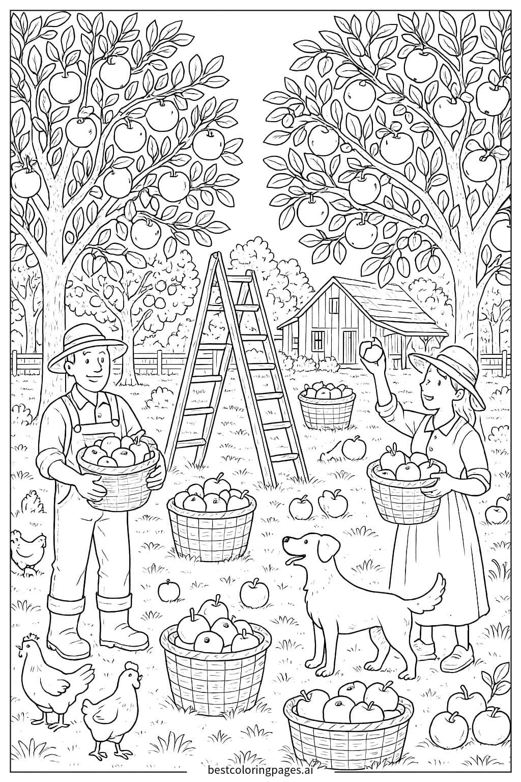 Apple Orchard with Farmers Coloring Page