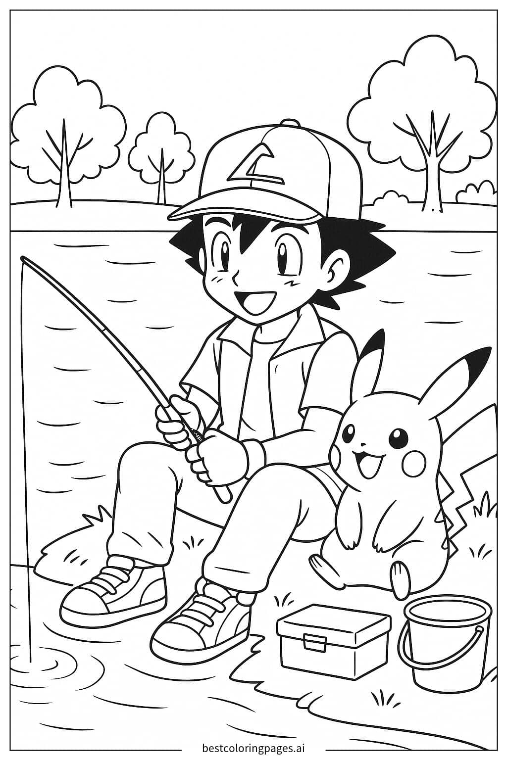 Ash and Pikachu Fishing by a Lake Coloring Page