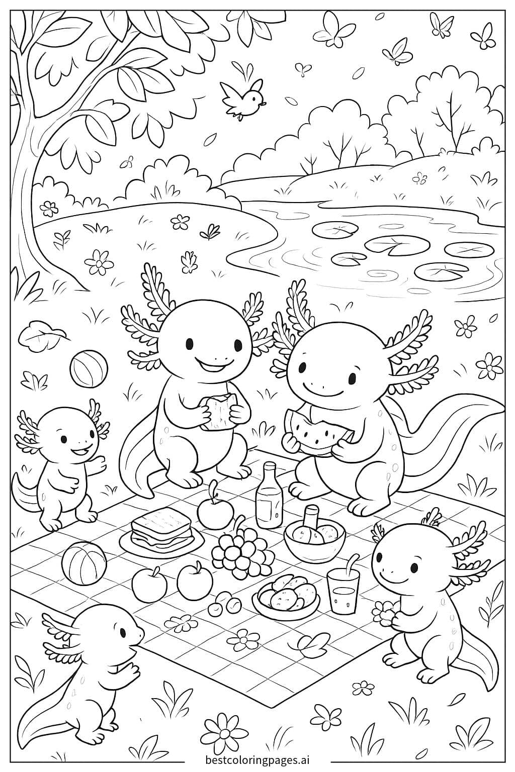 Axolotl Family Picnic Adventure Coloring Page