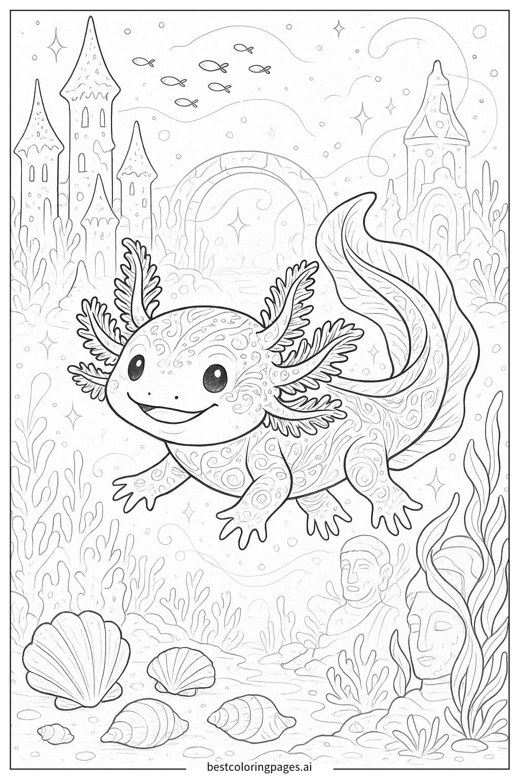 Axolotl in an Enchanted Underwater City Coloring Page
