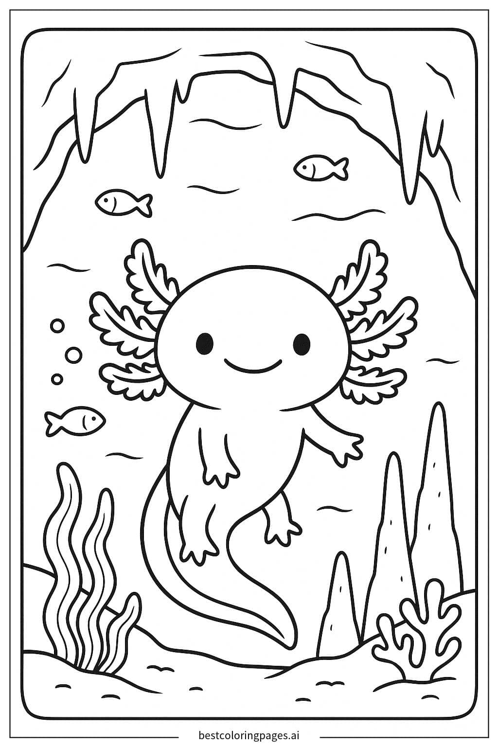 Axolotl in an Underwater Cave Coloring Page