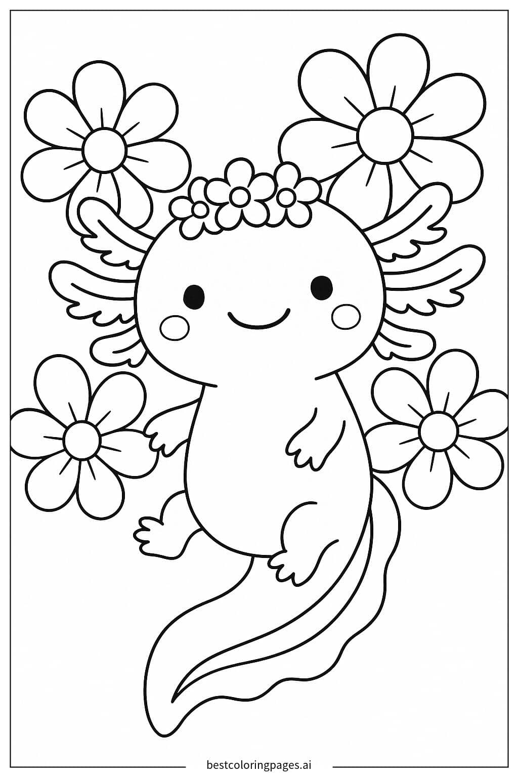 Axolotl with a Flower Crown Coloring Page