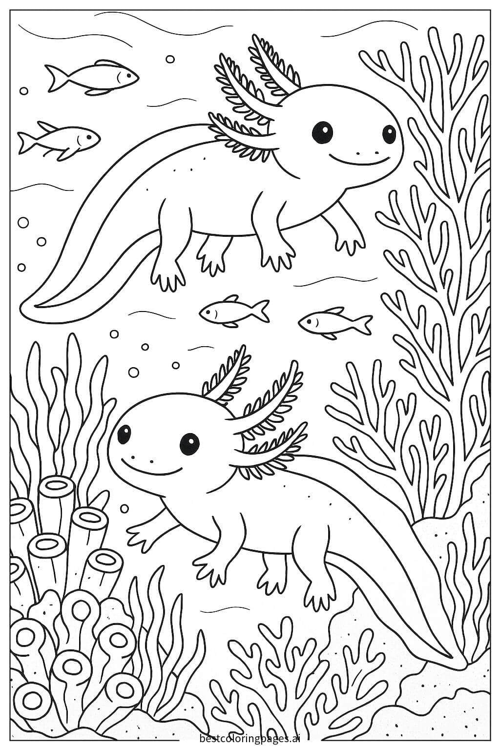 Axolotls Exploring a Coral Reef Coloring Page