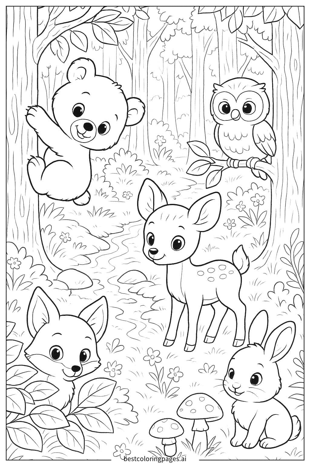 Adorable Baby Animals in a Forest Wonderland Coloring Page