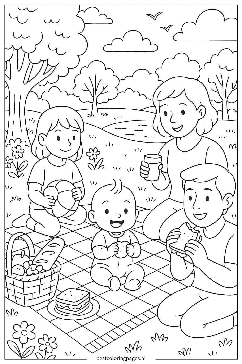 Baby Enjoying a Picnic with Family Coloring Page